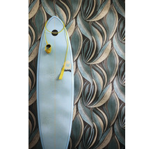 Papier peint intissé avec motif de feuilles stylisées en vert et beige, avec une planche de surf bleu clair devant.