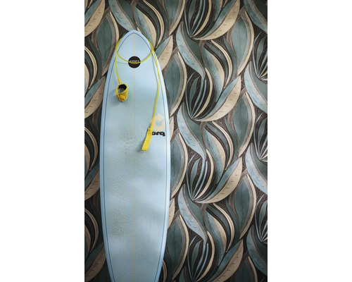 Papier peint intissé avec motif de feuilles stylisées en vert et beige, avec une planche de surf bleu clair devant.
