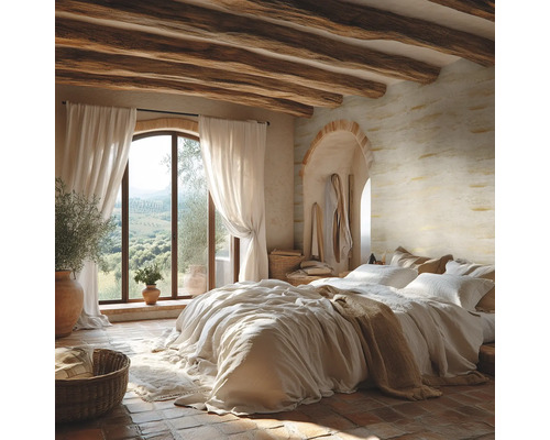 Chambre rustique avec poutres en bois, murs texturés, sol en pierre et grande fenêtre en arche offrant une vue sur le paysage.