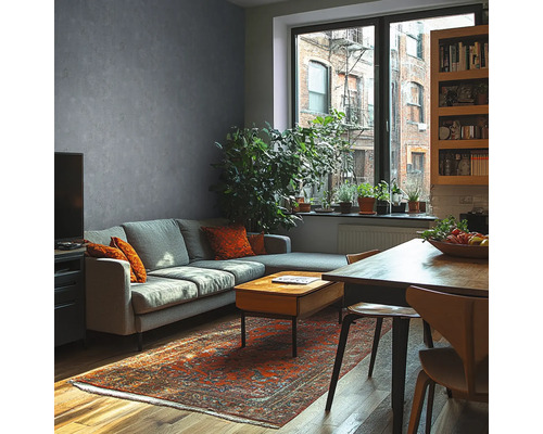 Salon moderne avec mur gris aspect béton, canapé gris, table en bois, tapis oriental et grandes plantes d'intérieur devant une fenêtre.