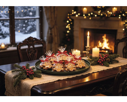 Table en bois décorée pour les fêtes avec des pains d épices emballés, des branches de sapin, des baies rouges et des bougies devant une cheminée.