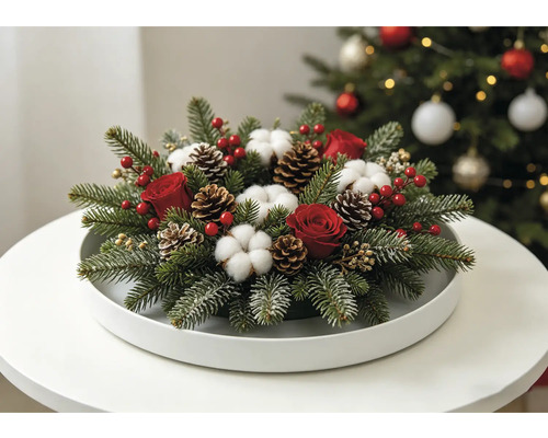 Composition de Noël festive avec des branches de sapin, des roses rouges, des fleurs de coton et des pommes de pin sur un plateau blanc.