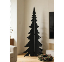Sapin de Noël moderne noir composé de panneaux plats dans un salon lumineux à côté d une couronne.