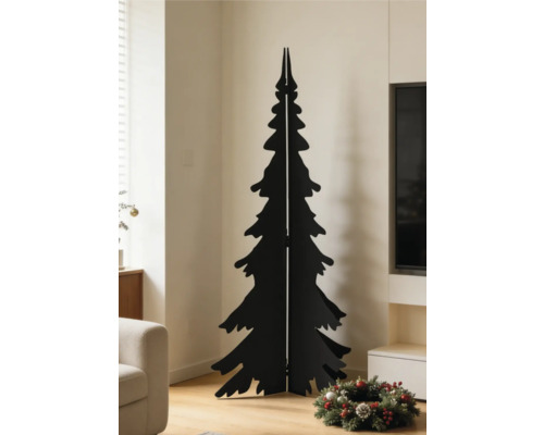 Sapin de Noël moderne noir composé de panneaux plats dans un salon lumineux à côté d une couronne.