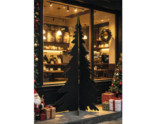 Silhouette de sapin de Noël noire en bois ou métal devant une vitrine avec décorations de Noël et cadeaux.
