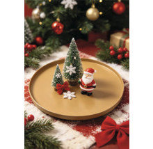Décoration de Noël sur une assiette avec une figurine de Père Noël, deux sapins miniatures et des flocons de neige sur fond festif lumineux.