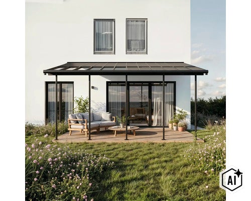 Auvent de terrasse en aluminium avec couverture en verre sur une maison moderne avec terrasse en bois et salon de jardin. (Image AI modified or generated)