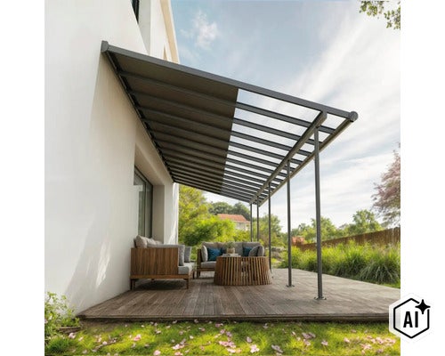Auvent de terrasse moderne avec store intégré au-dessus d'une terrasse en bois avec mobilier de salon devant une maison. (Image AI modified or generated)
