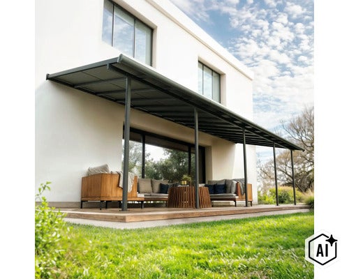 Moderne Terrassenüberdachung aus Metall über einer Holzterrasse mit gemütlicher Loungegarnitur vor einem weißen Wohnhaus. (Image AI modified or generated)