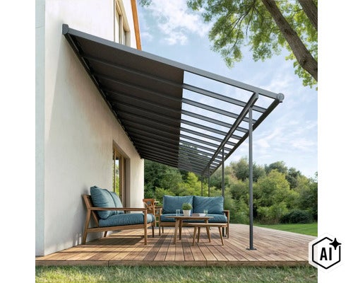 Auvent de terrasse avec protection solaire partiellement rétractable sur une terrasse en bois avec mobilier de salon devant une maison. (Image AI modified or generated)