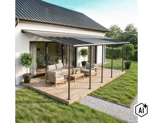 Couverture de terrasse en aluminium au-dessus d'une terrasse en bois avec salon de jardin devant une maison avec jardin. (Image AI modified or generated)