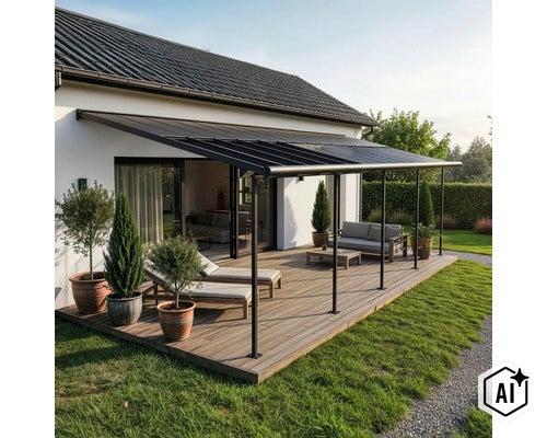 Abri de terrasse avec terrasse en bois, meubles de salon et plantes devant une maison au design moderne. (Image AI modified or generated)