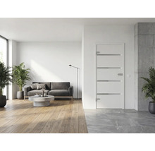 Salon moderne et lumineux avec une porte intérieure blanche à bandes horizontales, canapé gris, parquet et plantes d intérieur.