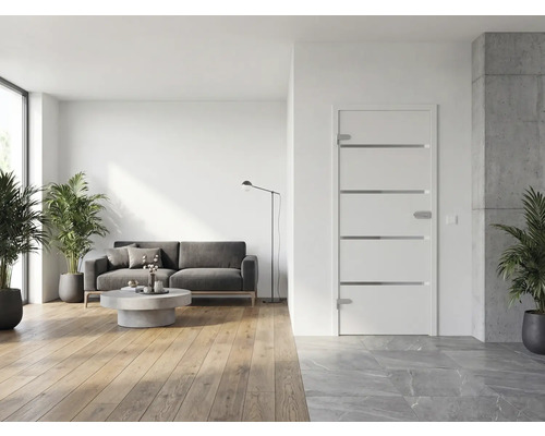 Salon moderne et lumineux avec une porte intérieure blanche à bandes horizontales, canapé gris, parquet et plantes d intérieur.