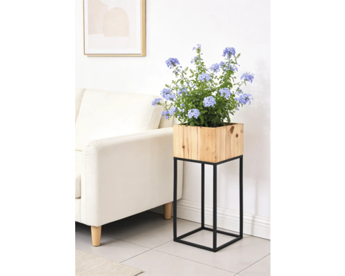 Support de plante moderne avec jardinière carrée en bois sur un support en métal noir dans un salon lumineux.