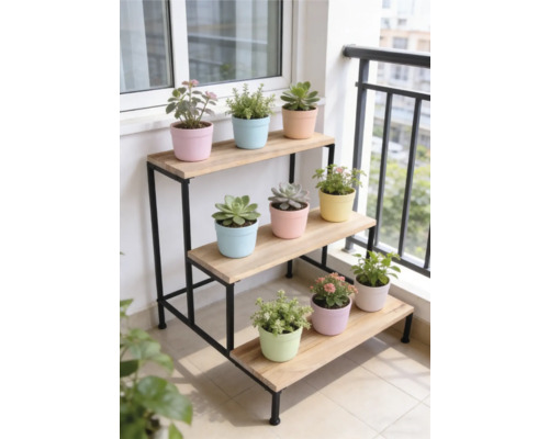 Étagère à plantes à trois niveaux avec cadre en métal noir et tablettes en bois sur un balcon lumineux avec diverses plantes en pot.