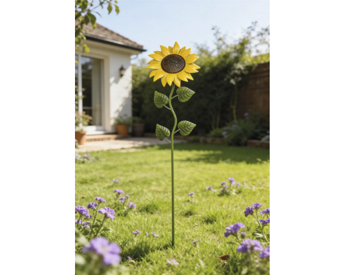 Gartenstecker Sonnenblume aus Metall auf einer Rasenfläche in einem hellen Garten mit Blumen.
