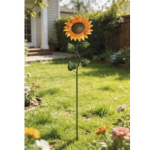 Dekorativen Gaartstecker a Form vun enger Sonneblum aus Metall op enger Wiss.