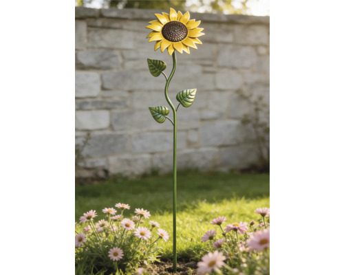 Gartenstecker Sonnenblume aus Metall in einem Blumenbeet mit rosa Blumen vor einer Steinmauer.