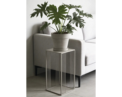Support pour plantes moderne en métal avec structure filaire carrée, portant une plante en pot, dans un salon à côté d'un canapé.