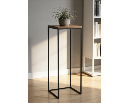 Support pour plantes moderne avec cadre en métal noir et plateau en bois, avec plante en pot dans une pièce lumineuse avec bibliothèque.