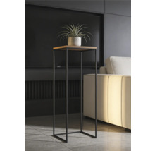 Support de plante moderne et haut avec plateau carré en bois et structure en métal noir dans un salon lumineux à côté d'un canapé.