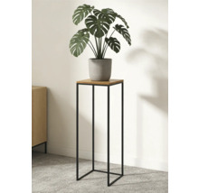 Support de plante moderne avec structure en métal noir et plateau en bois, décoré avec une plante Monstera dans un pot gris.