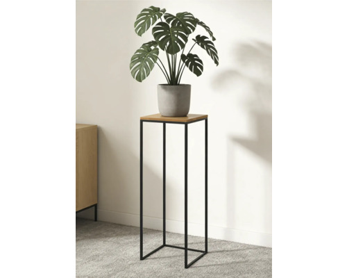 Support de plante moderne avec structure en métal noir et plateau en bois, décoré avec une plante Monstera dans un pot gris.