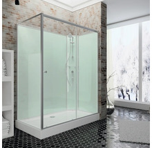 Moderne Badezimmerszene mit großer Duschkabine aus Glas und Metall, Backsteinwänden und schwarzen Sechseckfliesen.