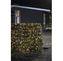 Guirlande lumineuse LED blanc chaud pour l'extérieur, enroulée autour d'une haie la nuit devant une maison moderne.