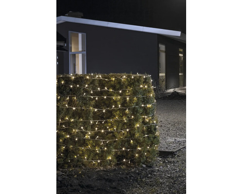 Guirlande lumineuse LED blanc chaud pour l'extérieur, enroulée autour d'une haie la nuit devant une maison moderne.