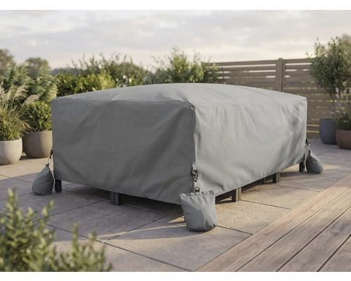 Housse de protection résistante aux intempéries pour meubles de jardin sur une terrasse claire, fixée par des poids de sable aux angles.