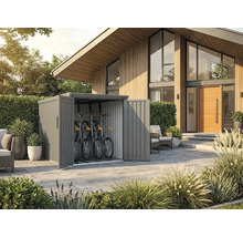Abri à vélos moderne en métal pouvant accueillir trois vélos sur une terrasse pavée devant une maison avec façade en bois.
