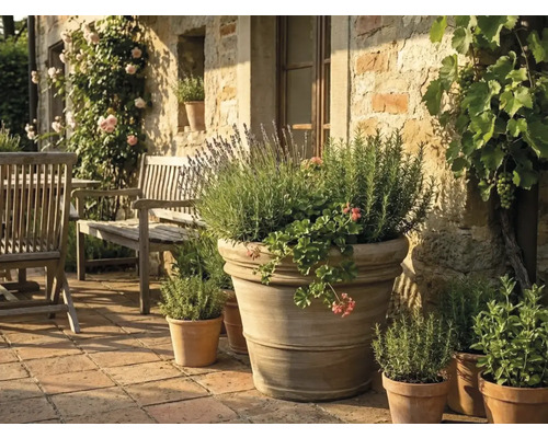 Grand pot de fleurs en terre cuite avec lavande, romarin et géraniums sur une terrasse en pierre claire avec meubles de jardin en bois.