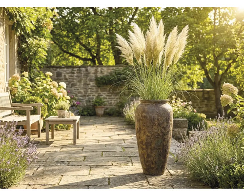 Herbe de la pampa haute dans un vase texturé sur une terrasse en pierre claire dans le jardin avec meubles en bois et lavande.