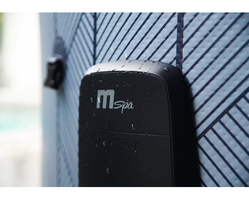 Unité de commande de spa gonflable MSpa avec logo HydroJet Tech et gouttes d'eau.