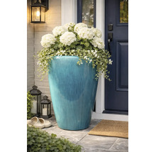 Grand pot de fleurs en céramique émaillée bleue avec des hortensias blancs et des plantes tombantes devant une porte.