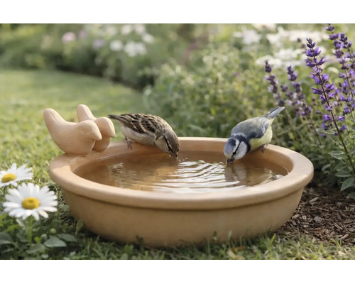 Abreuvoir pour oiseaux en terre cuite avec figurines d'oiseaux, deux oiseaux boivent de l'eau dans un jardin fleuri.