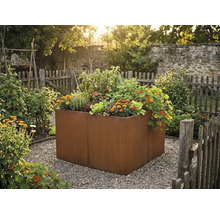 Carré potager en acier Corten dans un jardin, planté de légumes, d'herbes aromatiques et de fleurs sur gravier.