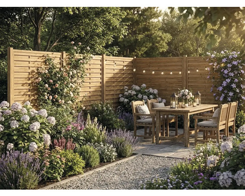 Scène de jardin avec clôture pare-vue en bois, mobilier en bois, plantes à fleurs comme la lavande et les hortensias, et guirlandes lumineuses.
