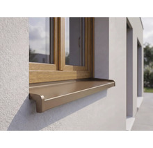 Außenfensterbank aus Aluminium an einem Holzfenster in einer verputzten Wand.