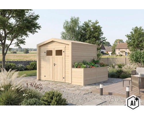 Abri de jardin en bois avec jardinière intégrée et double porte dans le jardin. (Image AI modified or generated)