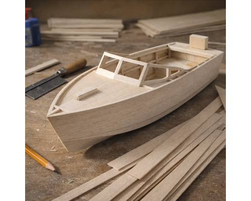 Maquette de bateau en bois sur un établi avec des baguettes de bois et des outils dans un atelier lumineux.