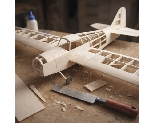 Maquette d avion en bois en cours de construction sur un établi avec une scie fine et de la colle à bois.