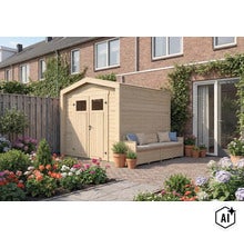 Abri de jardin en bois avec banc intégré au style moderne sur une terrasse pavée devant une maison. (Image AI modified or generated)