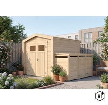 Abri de jardin en bois avec annexe intégrée pour le rangement des poubelles dans un jardin bien entretenu. (Image AI modified or generated)