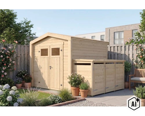 Abri de jardin en bois avec annexe intégrée pour le rangement des poubelles dans un jardin bien entretenu. (Image AI modified or generated)