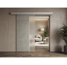 Porte coulissante moderne en verre avec rail supérieur et poignée ronde dans un salon lumineux et minimaliste.