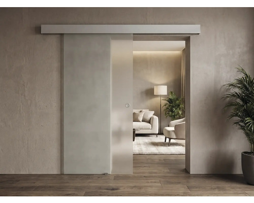 Porte coulissante moderne en verre avec rail supérieur et poignée ronde dans un salon lumineux et minimaliste.