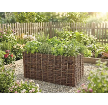 Jardinière surélevée en osier tressé avec diverses herbes aromatiques dans un jardin lumineux.